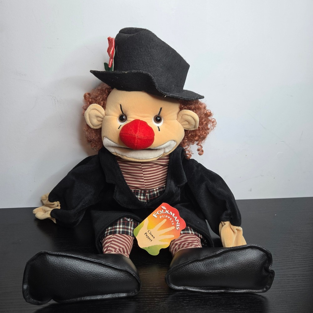 Folkmanis Clown Puppet Full Body Hand Plush Black Hat Red Nose Vintage Style NWT